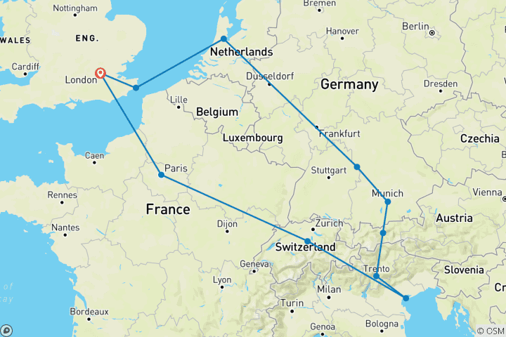 Kaart van Europese Horizon (Plus, Zomer (vanaf mrt '26), Start Londen, Klassiek)