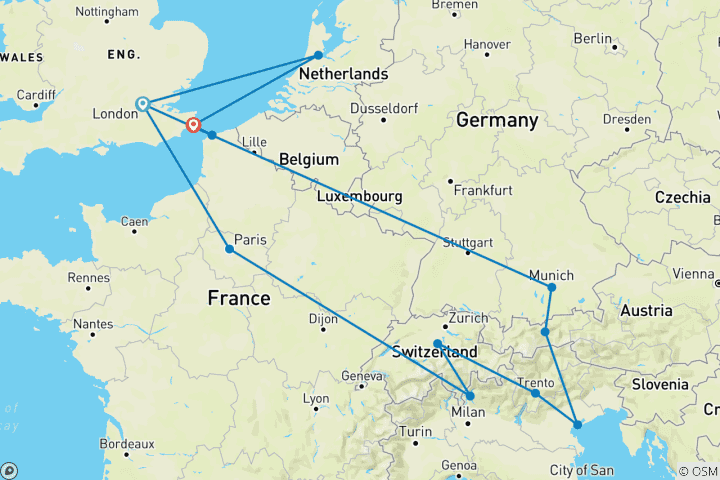 Carte du circuit Horizon européen (Plus, été (à partir de mars 26), départ d'Amsterdam, classique)