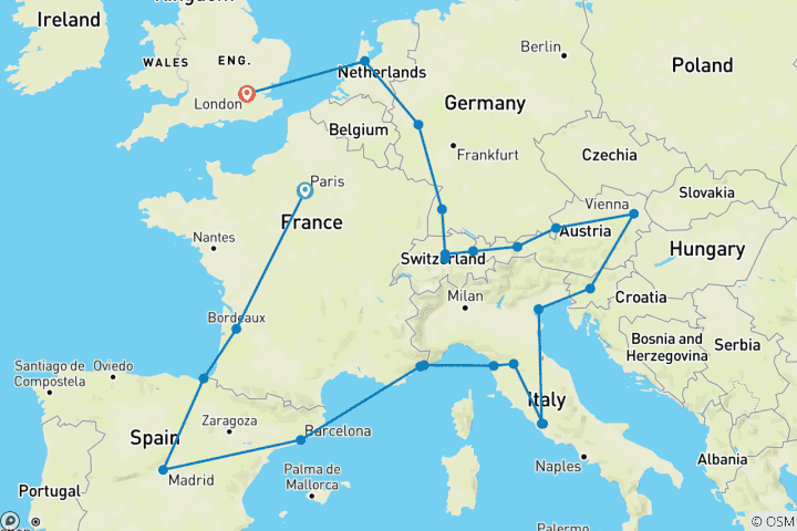 Map of European Grandeur (Small Groups, Start Paris, End London)