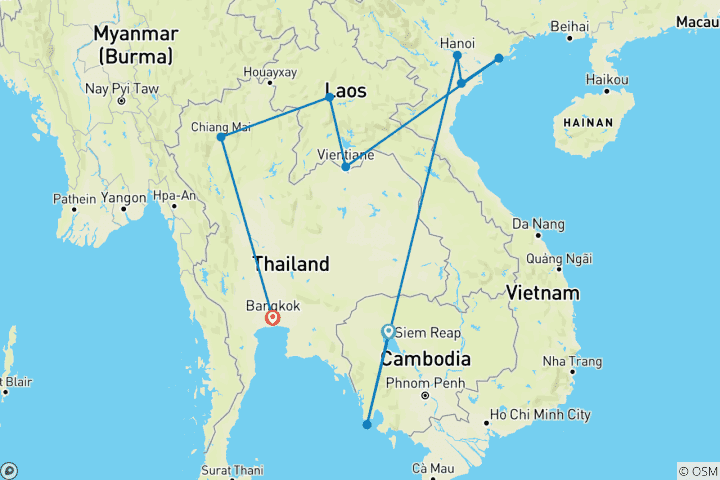 Carte du circuit Essence de l'Indochine et de la Thaïlande : Voyage de 21 jours à travers le Cambodge, le Vietnam, le Laos et la Thaïlande