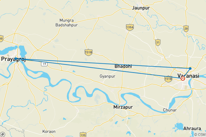 Carte du circuit 4 jours à Varanasi avec Triveni Sangam