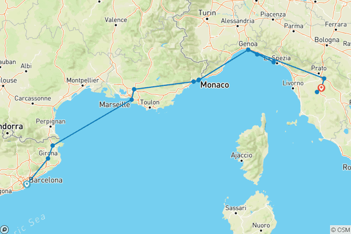 Carte du circuit Voyage côtier en Méditerranée Espagne, France et Italie (de Barcelone à la campagne toscane) (2026)