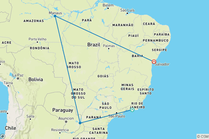 Carte du circuit 12 jours Le Brésil dévoilé : Des rythmes de Rio au cœur de l'Amazonie