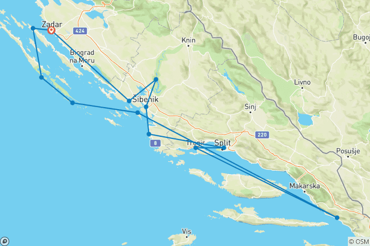 Map of Dalmatian Highlights Zadar and Split Region Cruise (Deluxe Boat Category)