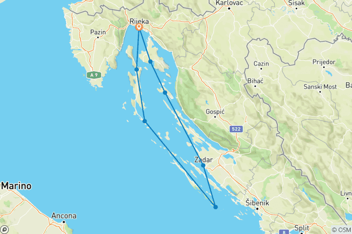 Map of Highlights of Kvarner to North Dalmatia Cruise (Deluxe Boat Category)