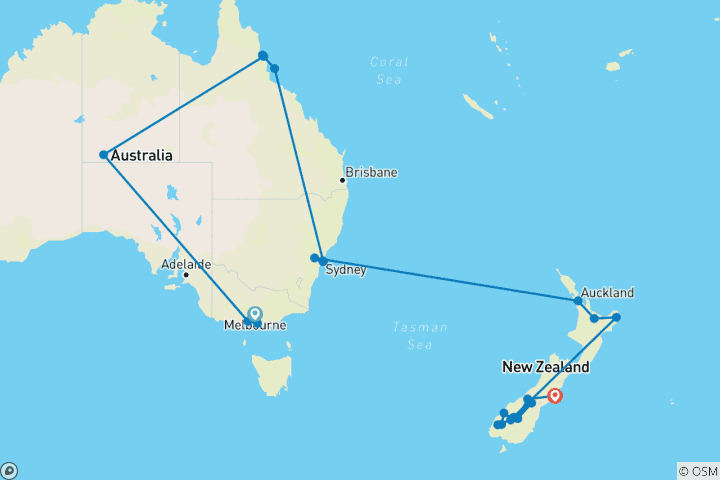 Map of Highlights of Australia and New Zealand (With Internal Air, 2027/2028) (23 destinations)
