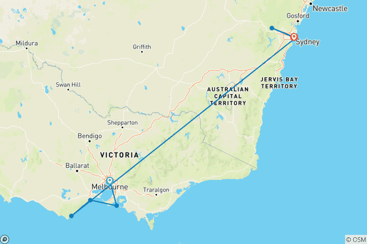 Carte du circuit Points forts de l'Australie (Taxe aérienne intra-tour Points forts de l'Australie)
