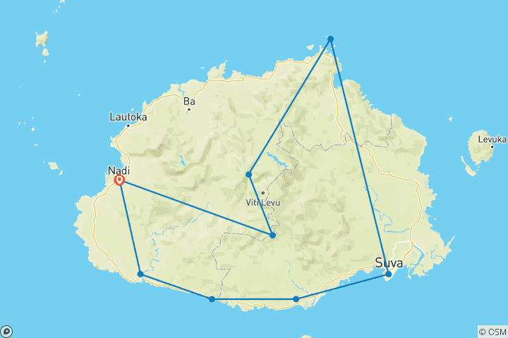 Map of Fiji: Hike, Raft & Snorkel (18 destinations)