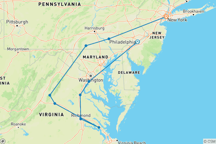 Carte du circuit Des histoires inédites sur les sentiers historiques avec un séjour prolongé à New York