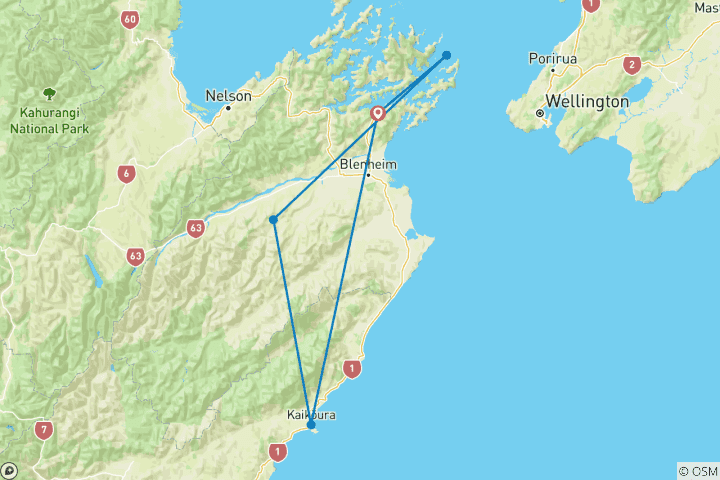 Carte du circuit Marcher sur la piste de la Reine Charlotte en Nouvelle- Zélande