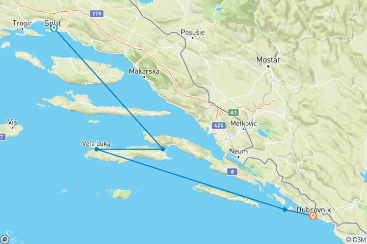 Map of Premium Split to Dubrovnik (including Vela Luka)