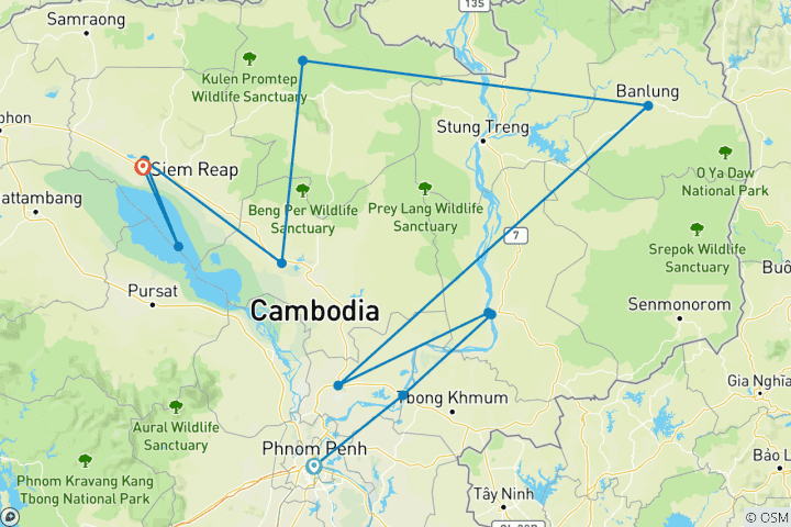 Map of Hike From Phnom Penh to Siem Reap - 10 days