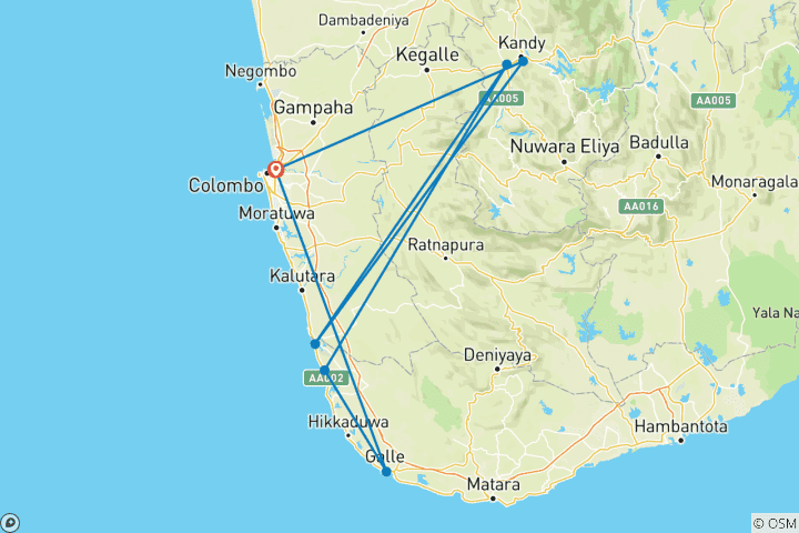 Map of Colombo, Kandy & Beach - 4 days