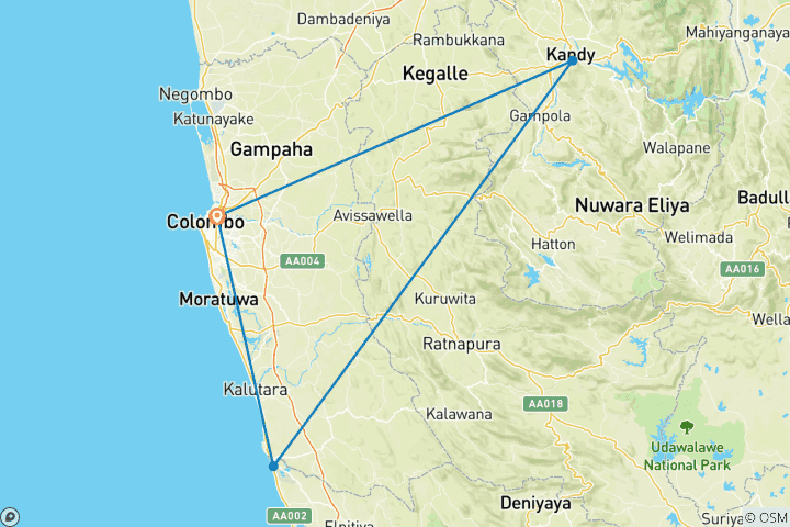 Carte du circuit Colombo, Kandy & Beach 4 étoiles - 4 jours