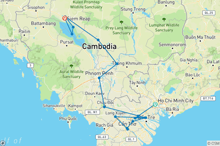 Map of Cycling the Mekong Delta to Siem Reap - 12 days