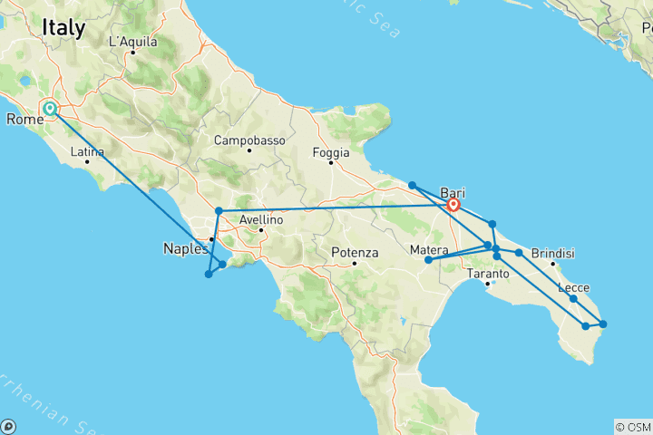 Carte du circuit L'Italie du Sud intemporelle : Rome, Sorrente et les Pouilles