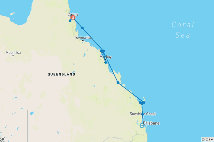 Carte du circuit Tropical Queensland : De Brisbane à Cairns (petit groupe, 2027/2028) (from Brisbane to Cairns)