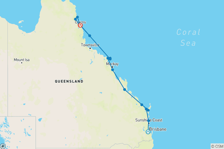 Map of Tropical Queensland: Brisbane to Cairns (Small Groups)
