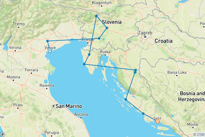 Map of Premium Venice to Split (13 destinations)