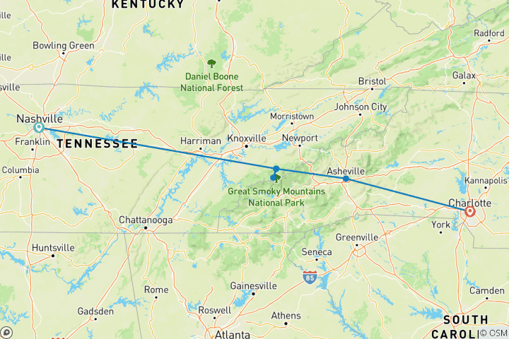 Carte du circuit Vacances à Nashville et dans les Smoky Mountains avec Gatlinburg et Asheville (de Nashville, TN à Asheville, NC) (2026)