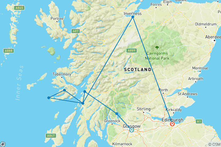 Carte du circuit Écosse : Terre d'histoire et de légende avec le Royal Edinburgh Military Tattoo (de Glasgow à Édimbourg) (9 destinations)