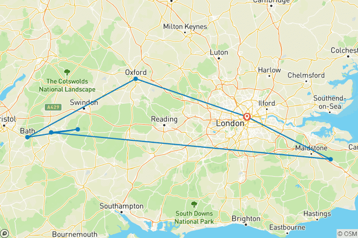 Map of Oxford, Cotswolds, Bath, Avebury, Cliffs of Dover & Kent- 5-Day (Small-Group)