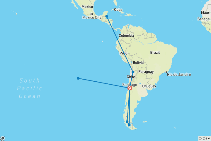 Carte du circuit L'essentiel du Chili en 15 jours : Santiago, désert d'Atacama, RapaNui, Patagonie et Valparaiso