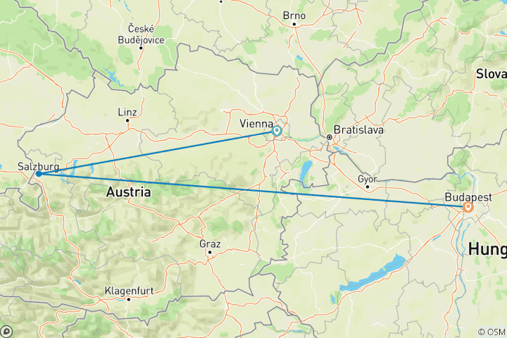 Carte du circuit Voyage en Autriche et en Hongrie : Vienne, Salzbourg et Budapest en une semaine