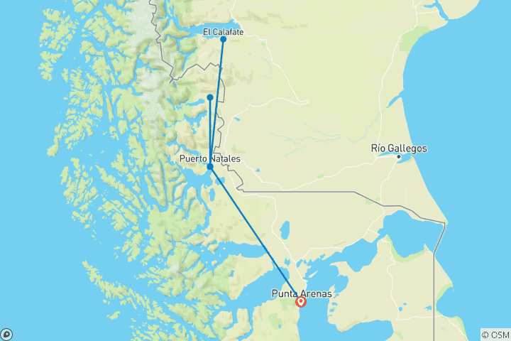 Carte du circuit Route des Glaciers de Patagonie depuis Punta Arenas (6 Jours/ 5 nuits)