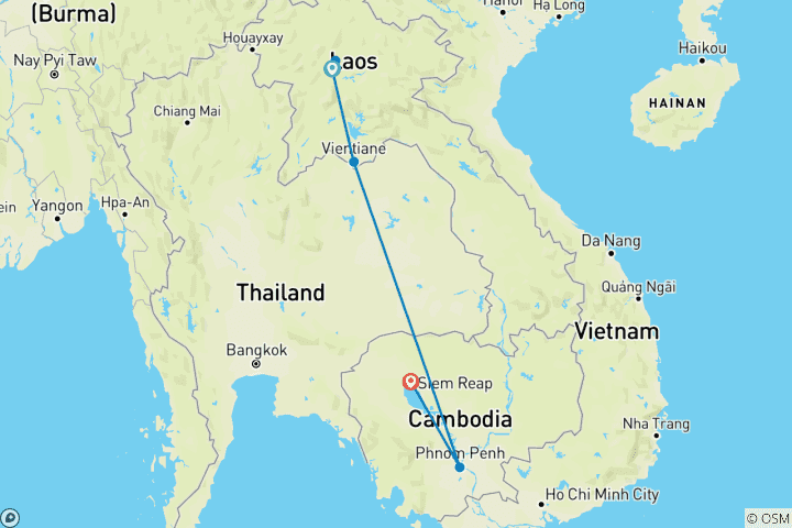 Map of 12 Days in Laos & Cambodia – Temples, Traditions & Scenic Landscapes