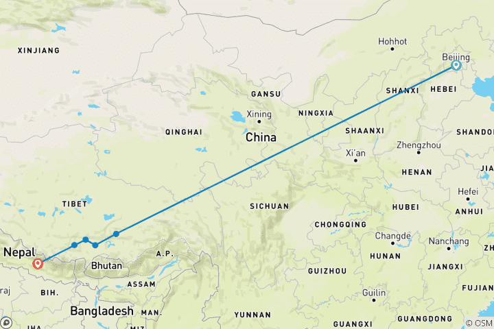 Carte du circuit Tibet : de Pékin à Katmandou par voie terrestre (6 destinations)