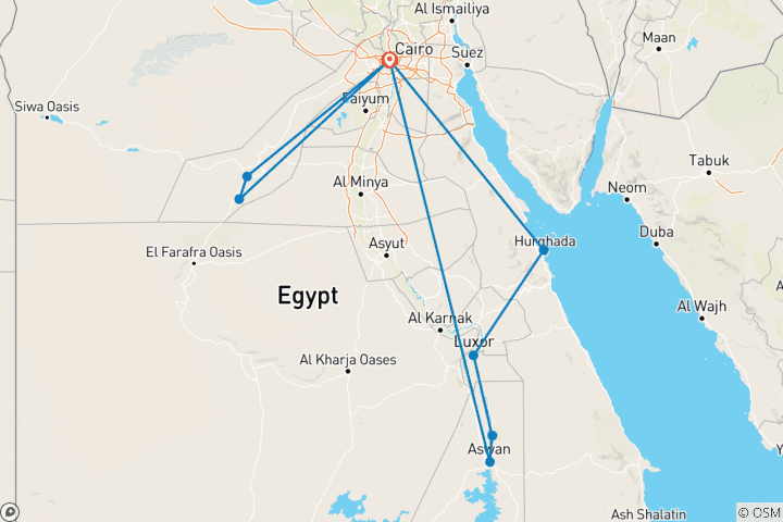 Kaart van Egypte Gezinsavontuur: Sahara-woestijntocht, riviercruise op de Nijl & strandvakantie in Hurghada
