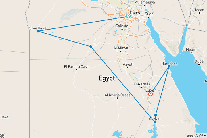 Kaart van Beste Egypte gezinsvakantie: Siwa Oase, kameeltochten, oude wonderen & verblijf aan het strand van Hurghada