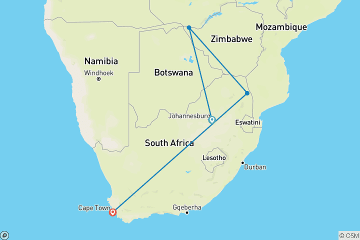 Map of 9 DAY | VICTORIA FALLS, KRUGER AND CAPE TOWN ADVENTURE