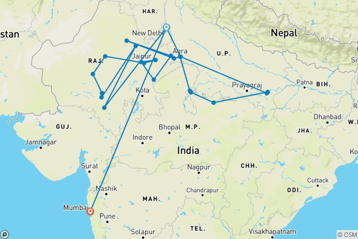 Map of Gems of India Scenic Club Departure