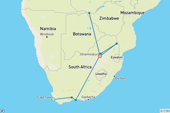 Carte du circuit Découvrez l'Afrique du Sud avec l'ajout des chutes Victoria -