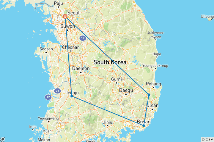 Carte du circuit Aventure en Corée du Sud