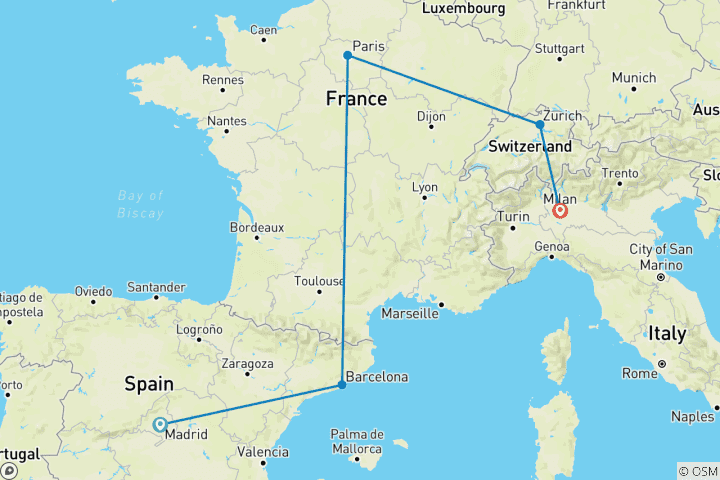 Map of Grand 16-Day Rail Journey: Spain, France, Switzerland & Italy