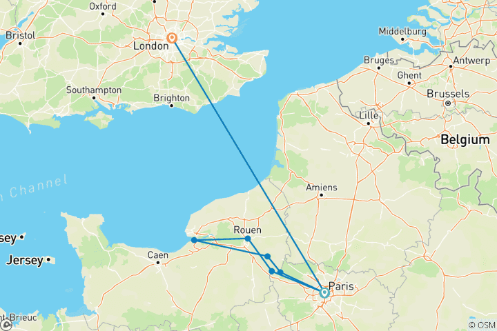 Carte du circuit De Paris à Londres et Sensations de la Seine et de la Normandie