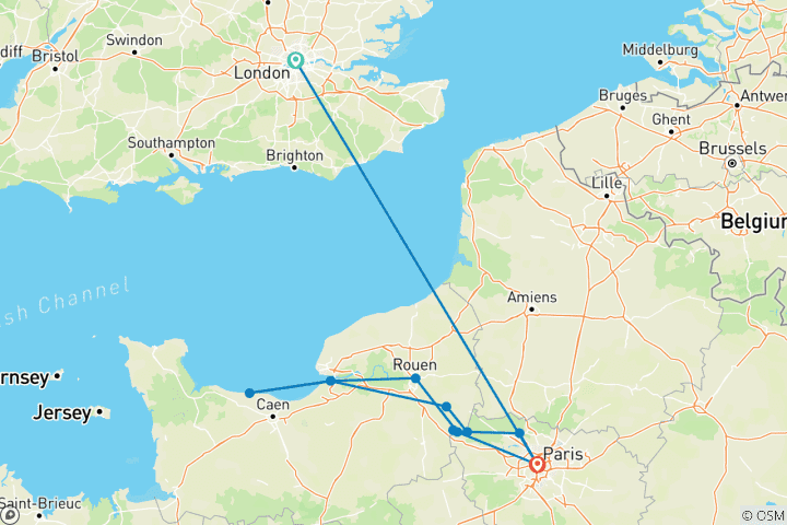 Carte du circuit Sensations de la Seine et de la Normandie avec Londres et Paris