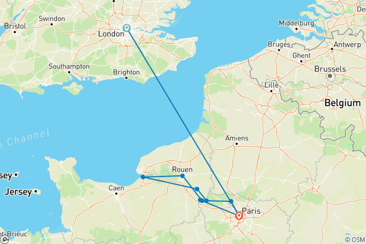 Carte du circuit Les merveilles de la Seine et de la Normandie au départ de Londres 2027/2028 – 11 jours (de Londres à Paris)
