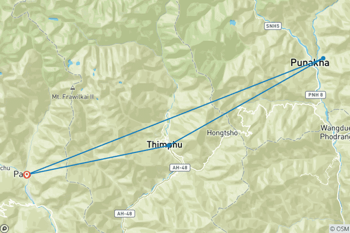 Carte du circuit Circuit en petit groupe de 7 jours pour découvrir les merveilles du Bhoutan (max. 12)