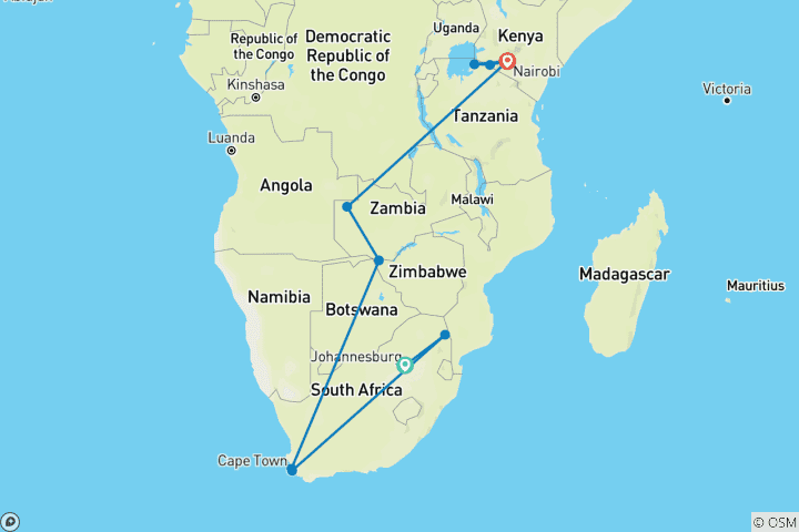Carte du circuit Du Cap au Caire : L'expédition africaine ultime avec les chutes Victoria, le Maasai Mara et une croisière de 4 nuits de Louxor à Assouan (de Johannesburg au Caire)