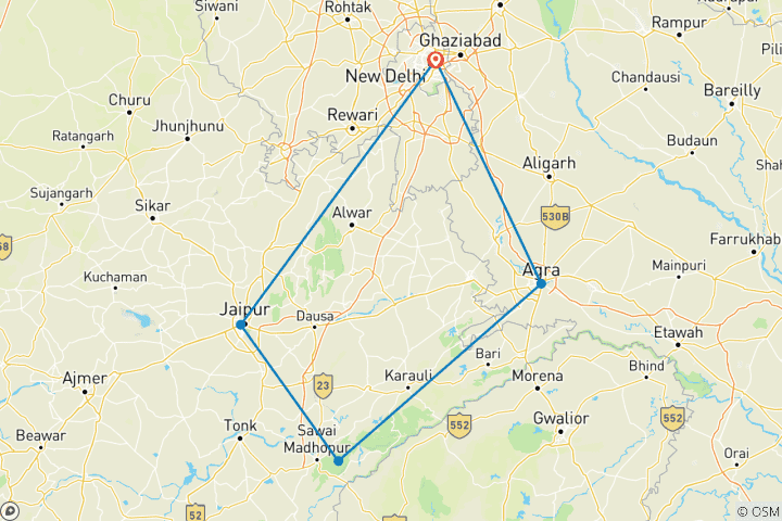 Karte von Wildlife Special 7 Tage Private Luxus Golden Triangle Tour mit Ranthambore & Jhalana Safari