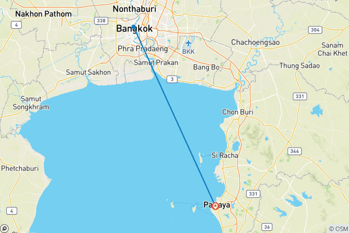 Carte du circuit 6 jours de découverte culturelle et côtière : De Pattaya à Bangkok