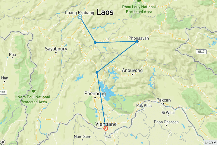 Map of Wonderful Cycling Laos: Luang Prabang to Vientiane 7 Days