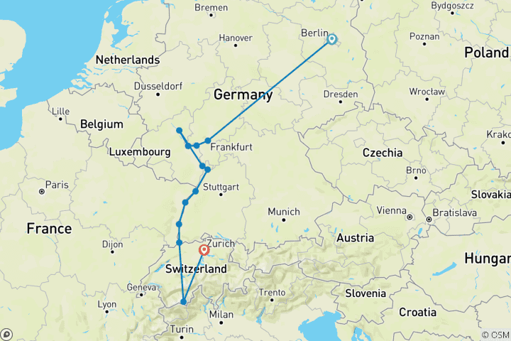 Carte du circuit Berlin, Majestic Rhine & Glacier Express 2027 - 14 jours (from Berlin to Zurich)