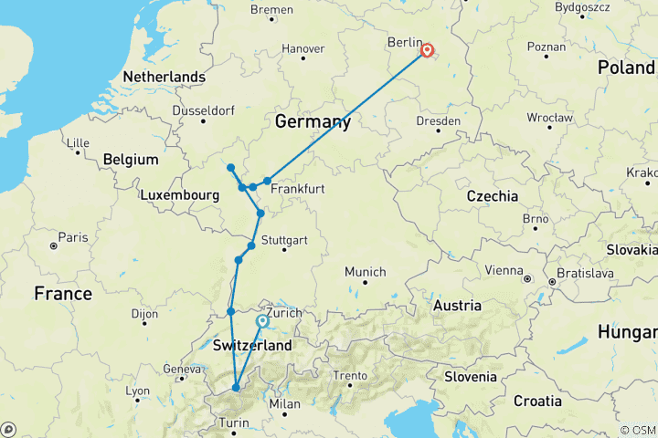 Carte du circuit Berlin, Majestic Rhine & Glacier Express 2027 - 14 jours (from Zurich to Berlin)