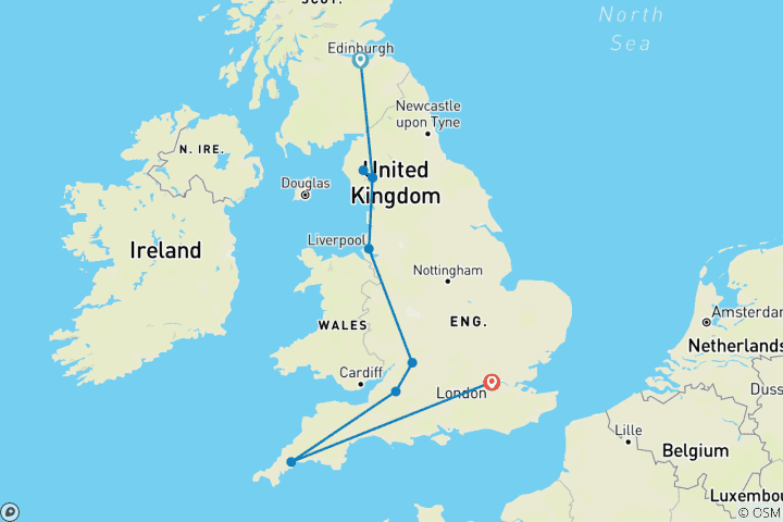 Carte du circuit Côtes et campagnes d'Angleterre avec Édimbourg, Liverpool et Londres (d'Édimbourg à Londres) (2026)