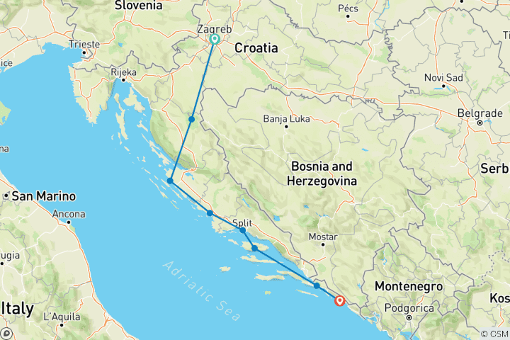 Carte du circuit Circuit en voiture Zagreb - Dubrovnik